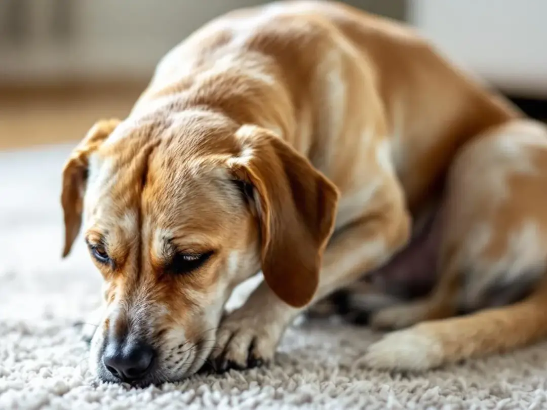 A dog is depicted in a hunched posture, exhibiting reluctance to move, which are clinical signs commonly associated...