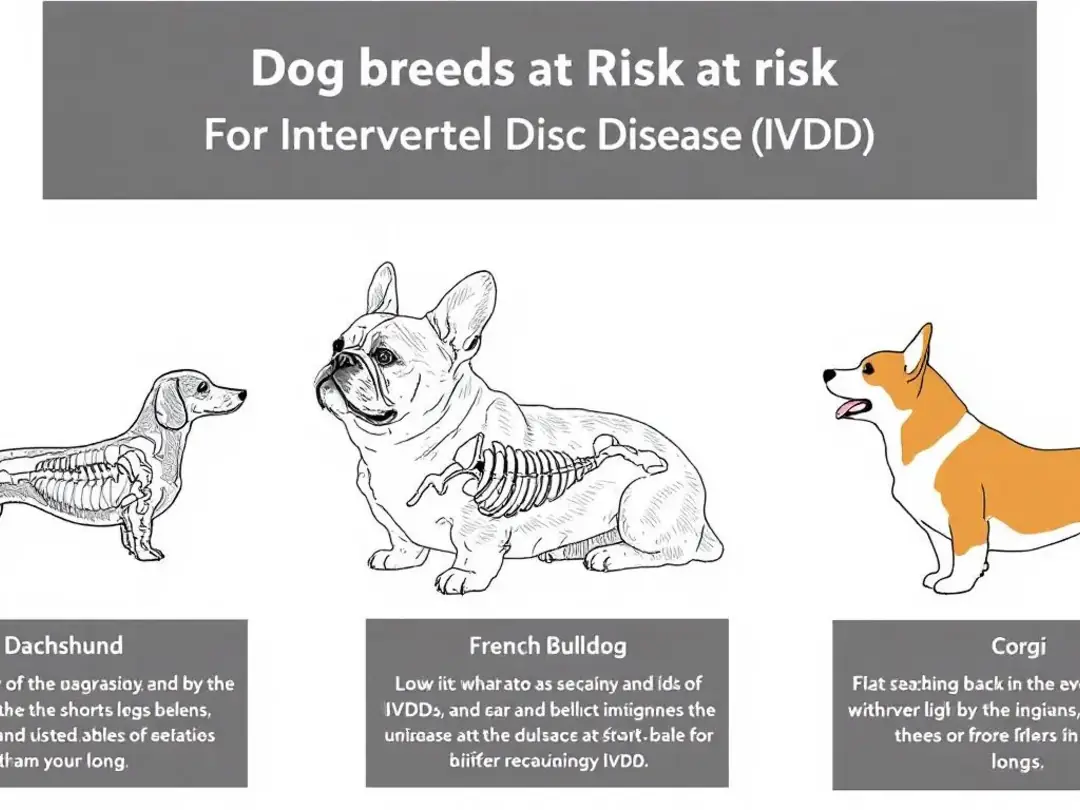 This image compares various dog breeds at risk for intervertebral disc disease (IVDD), featuring a Dachshund, French...