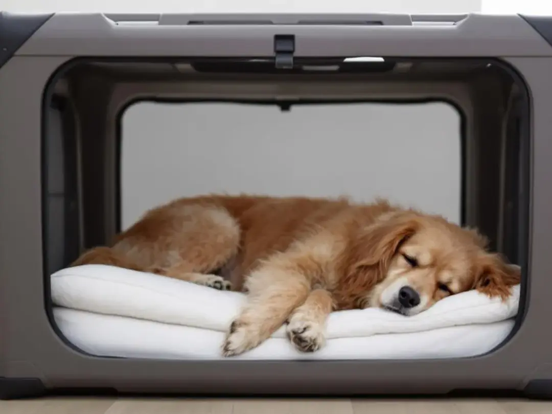 A dog is peacefully resting in a properly sized recovery crate, equipped with supportive bedding, which is essential...