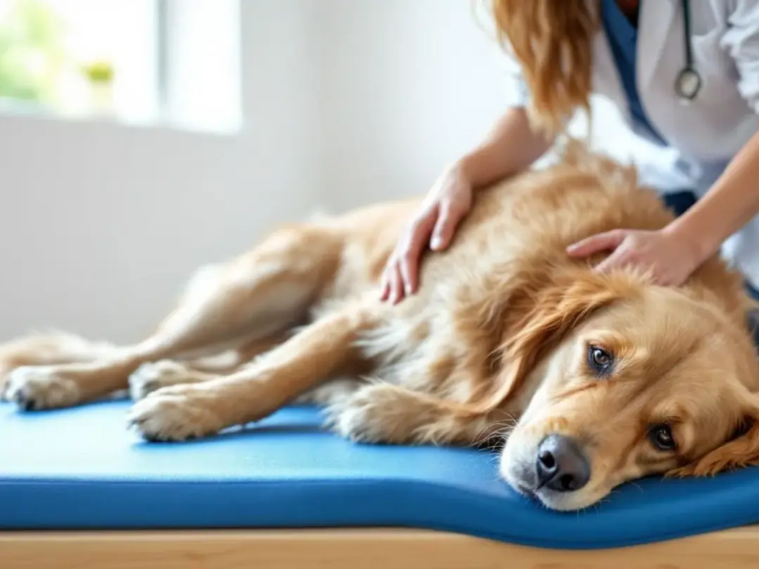 A dog is engaged in a physical therapy session, with a therapist guiding its movement exercises to aid recovery from...