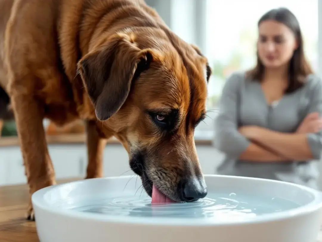 A concerned owner watches as their dog excessively drinks from a water bowl, a potential sign of kidney disease or...