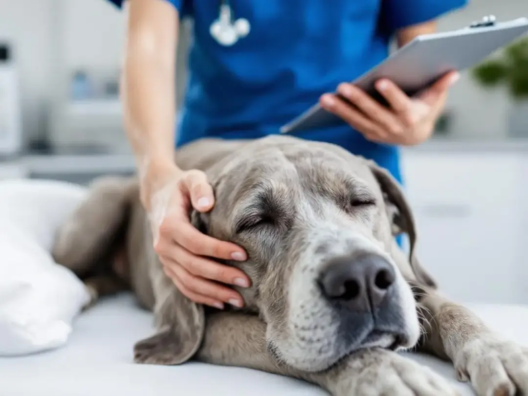 A senior dog is being gently examined by a veterinarian, who is likely assessing the pet for signs of kidney disease or...