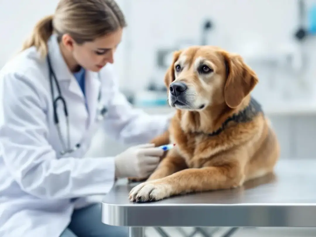 A veterinarian is gently drawing blood from a calm dog to test for kidney function, which is crucial for diagnosing...
