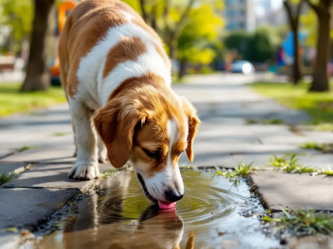 A dog is seen drinking from a puddle in an urban park, which could pose a risk for leptospirosis, an infectious disease...