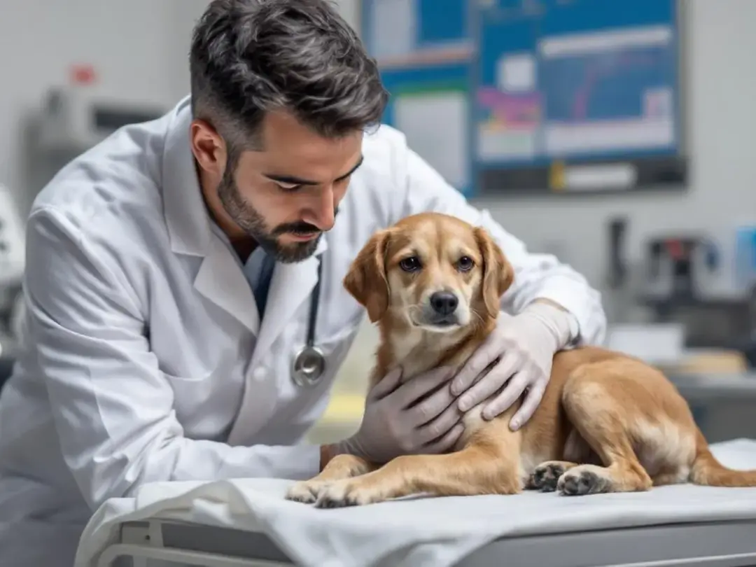 A veterinarian is examining a dog in a clinical setting, assessing for common clinical signs of leptospirosis in dogs...