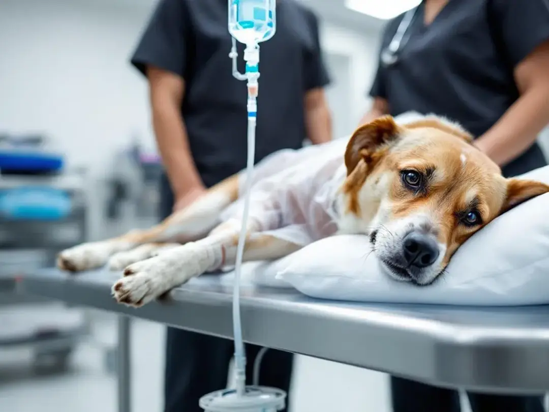 A dog is receiving intravenous fluid therapy in a veterinary hospital, showcasing the clinical care for acute kidney...