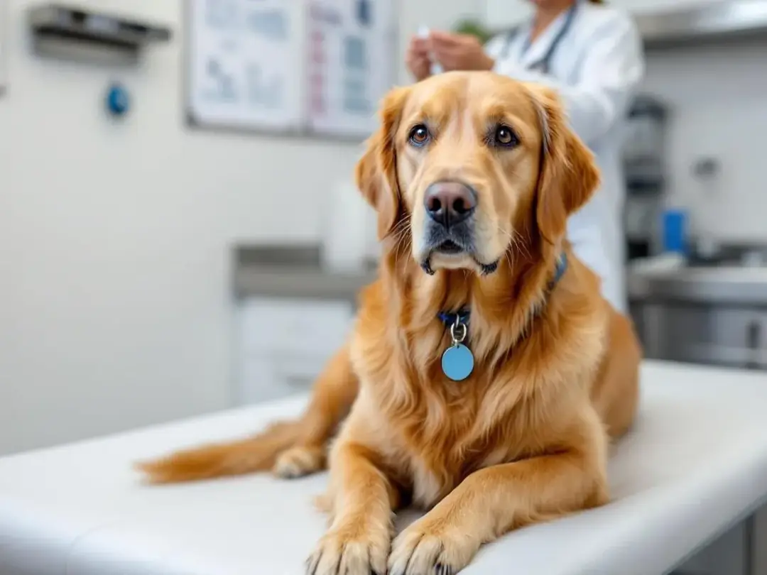A healthy dog is receiving a vaccination at a veterinary clinic, ensuring protection against infectious diseases like...