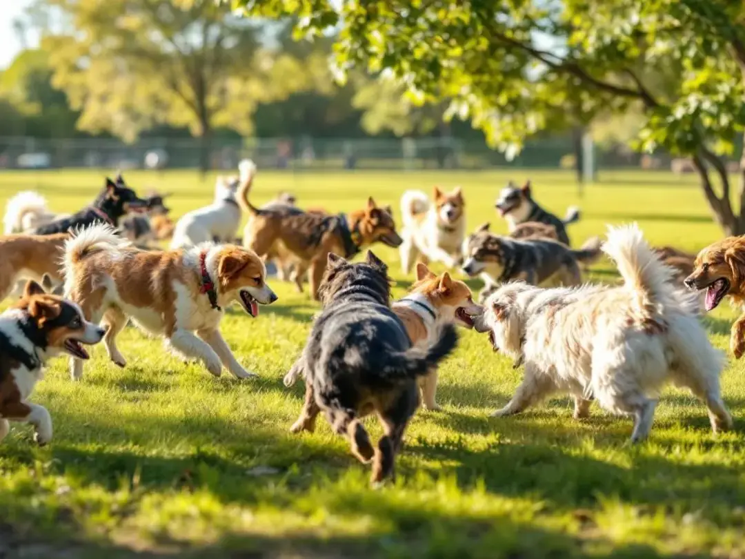 In the image, several dogs are interacting playfully at a dog park, illustrating potential scenarios for the...