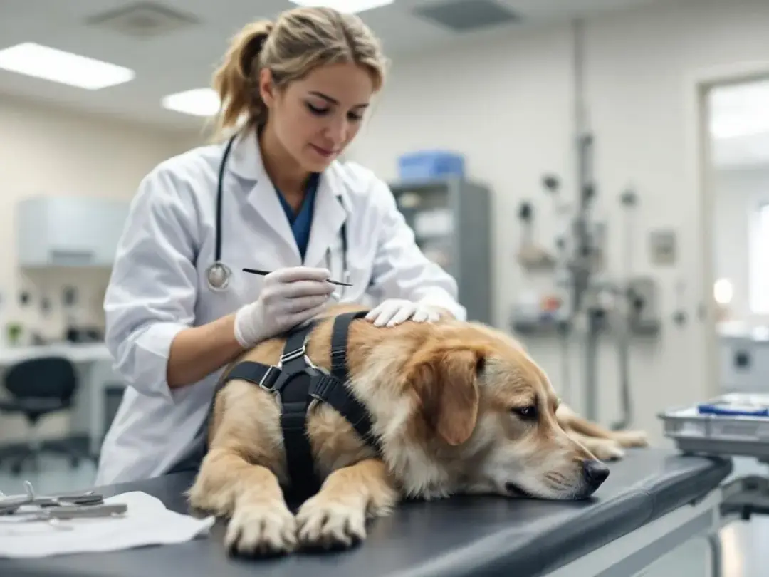A veterinarian is performing a skin scraping procedure on a dog to diagnose potential skin diseases such as sarcoptic...
