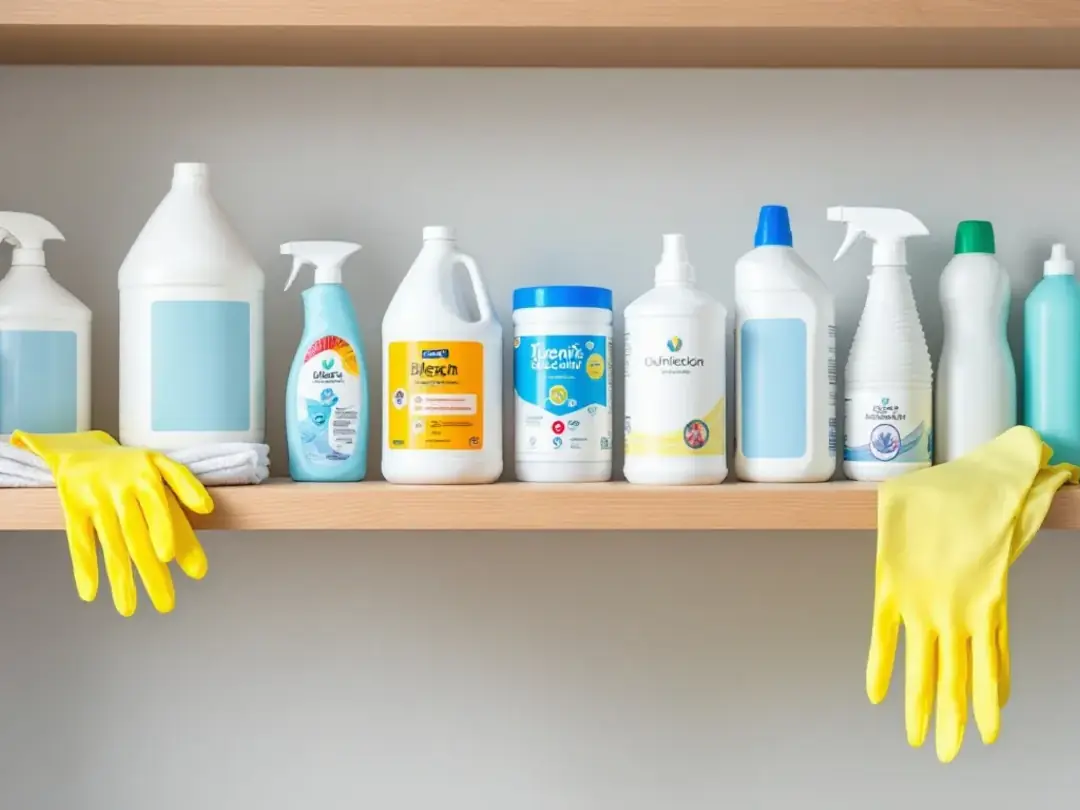 An organized display of cleaning supplies and disinfectants is shown, intended for preventing mange in dogs, including...