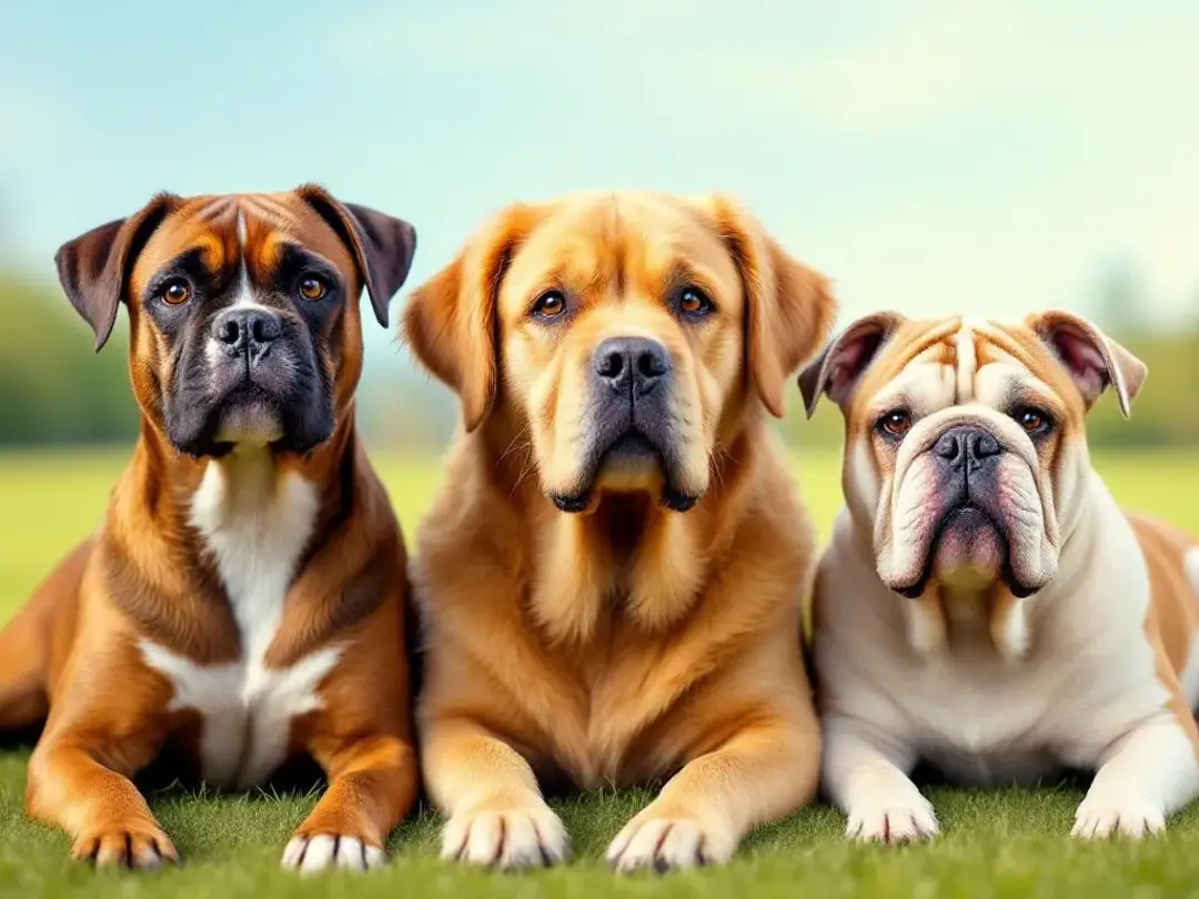 A Boxer, a Golden Retriever, and a Bulldog are sitting closely together, displaying a friendly camaraderie in a lush...