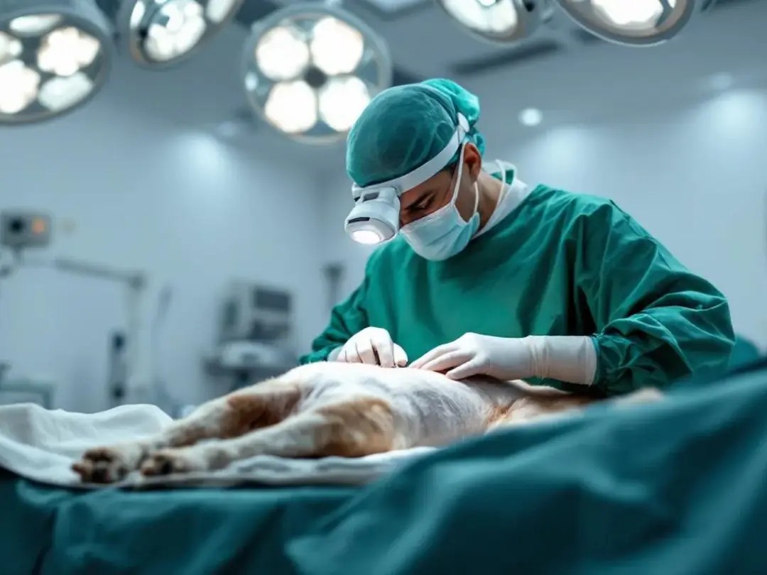 A veterinary surgeon is performing surgery on a dog in a sterile operating room, focusing on the removal of a canine...