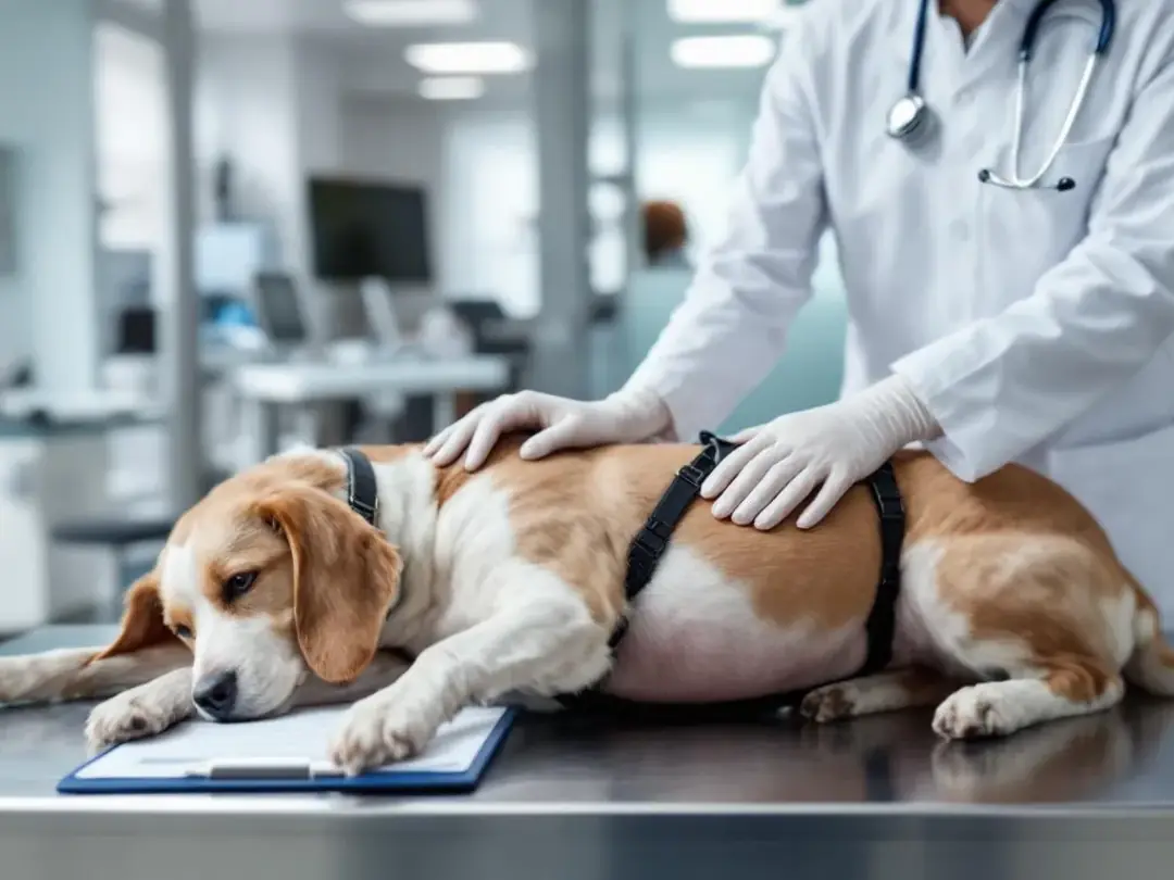 A veterinarian is examining a female dog's mammary glands during a physical exam to check for signs of mastitis, which...