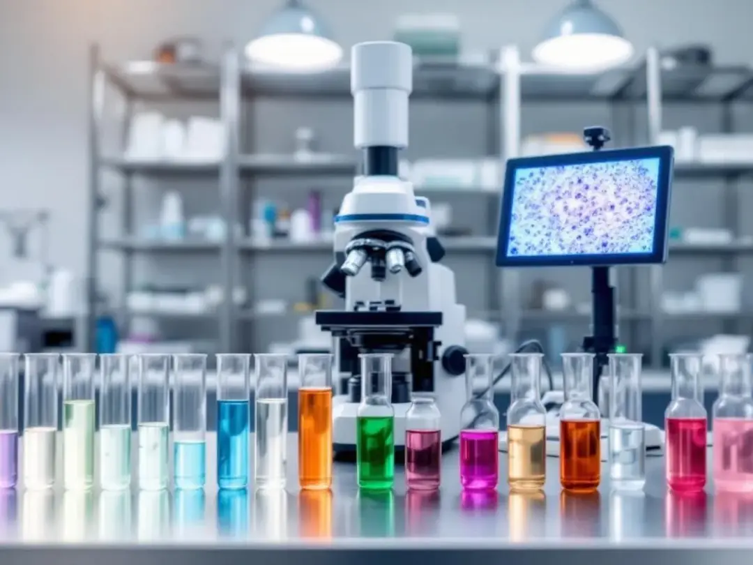 The image shows a laboratory setup featuring test tubes and a microscope, essential tools for veterinary diagnostics...