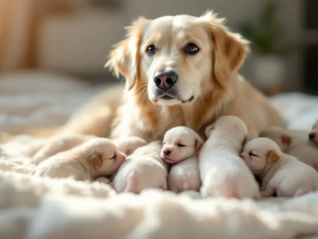 A healthy female dog is nursing her newborn puppies in a clean environment, showcasing her well-developed mammary...