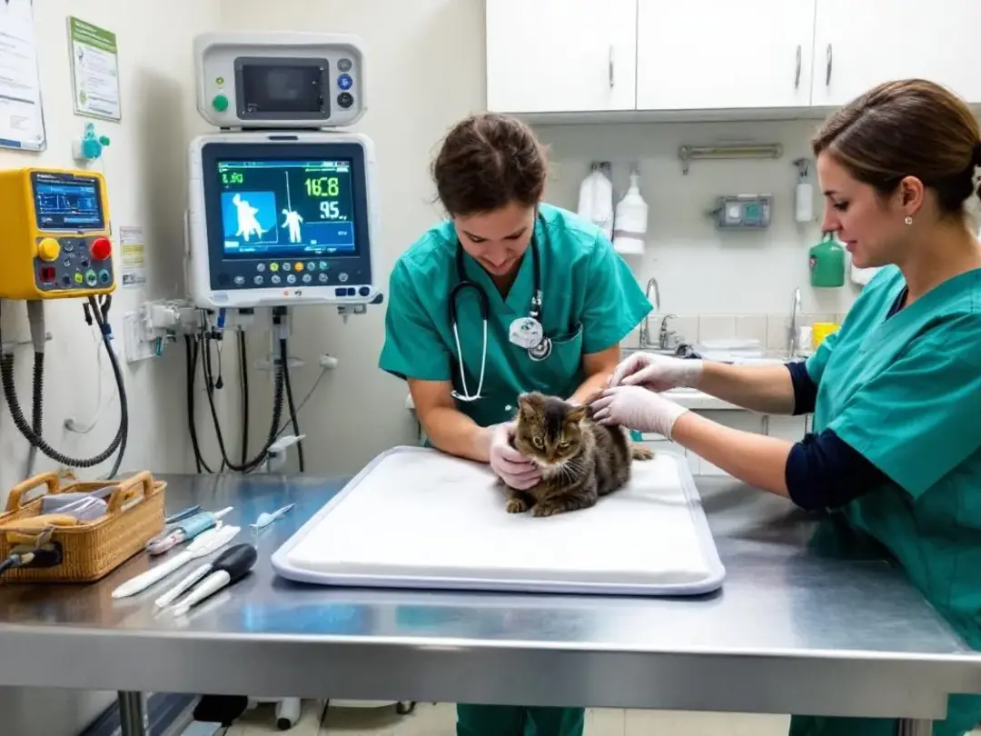 The image depicts an emergency veterinary care setup, featuring various medical equipment and supplies necessary for...