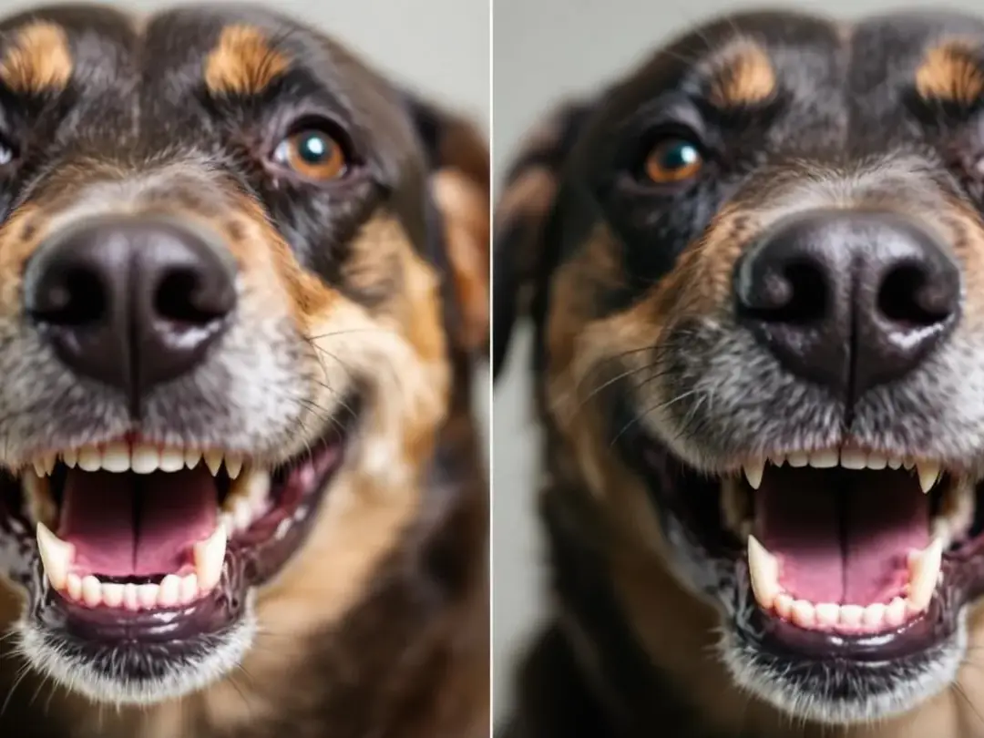 A close-up comparison illustrates a normal dog bite alignment alongside a canine overbite condition, highlighting the...