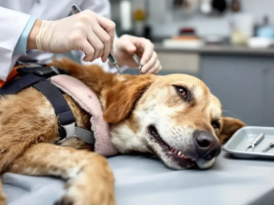 A veterinarian is examining a dog's mouth, using dental tools to assess the condition of the dog's teeth, including the...