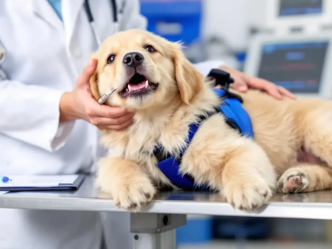 A young puppy is receiving dental care from a veterinarian, who is examining the dog's teeth, including the upper and...