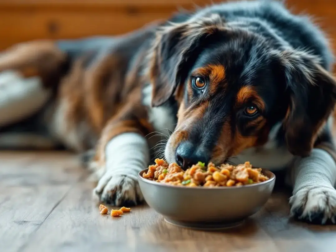 A dog is eating soft food from a bowl during its recovery period, showing signs of difficulty eating due to potential...
