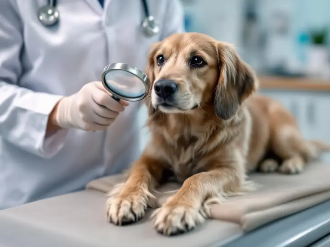 A veterinarian is closely examining a dog's skin using a magnifying tool to diagnose potential skin diseases, such as...