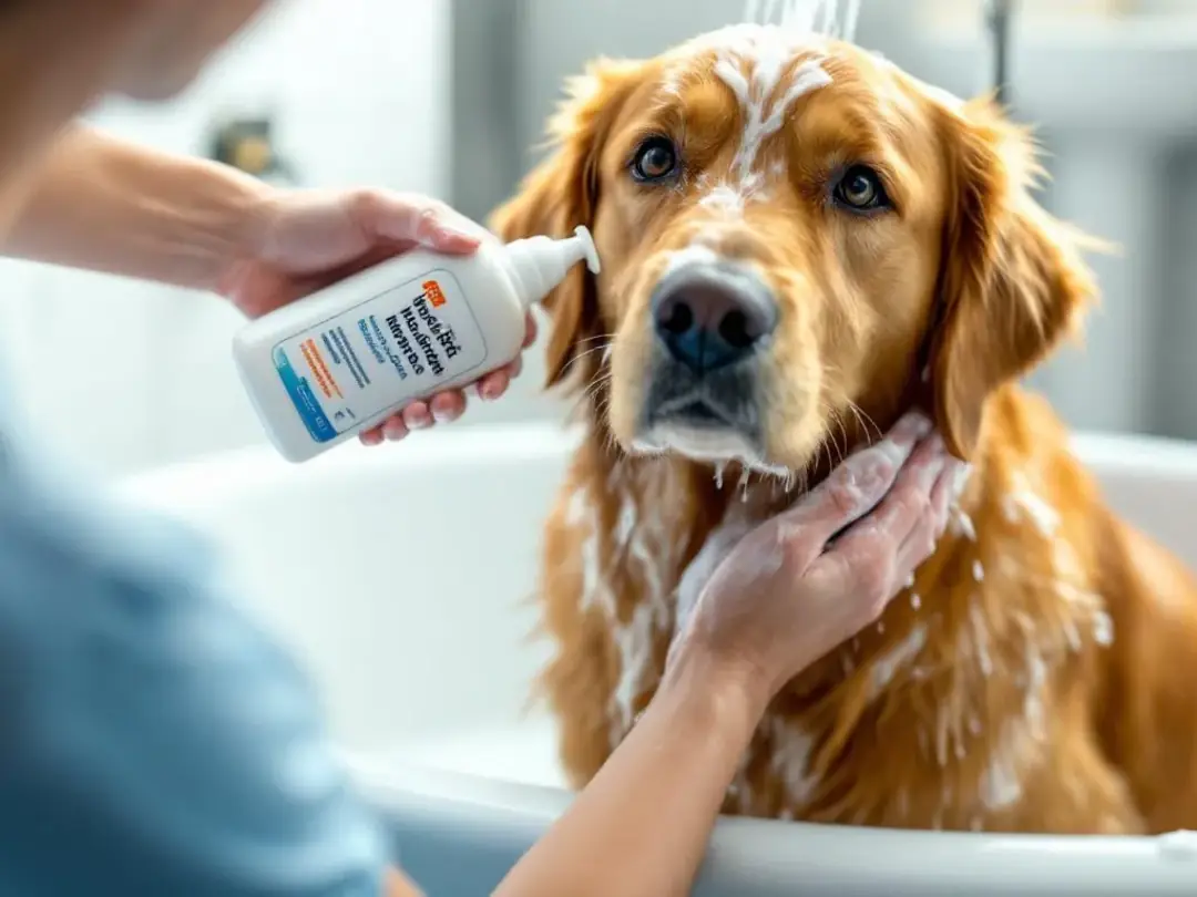 A dog is being bathed with medicated shampoo, demonstrating the proper application technique to treat skin conditions...
