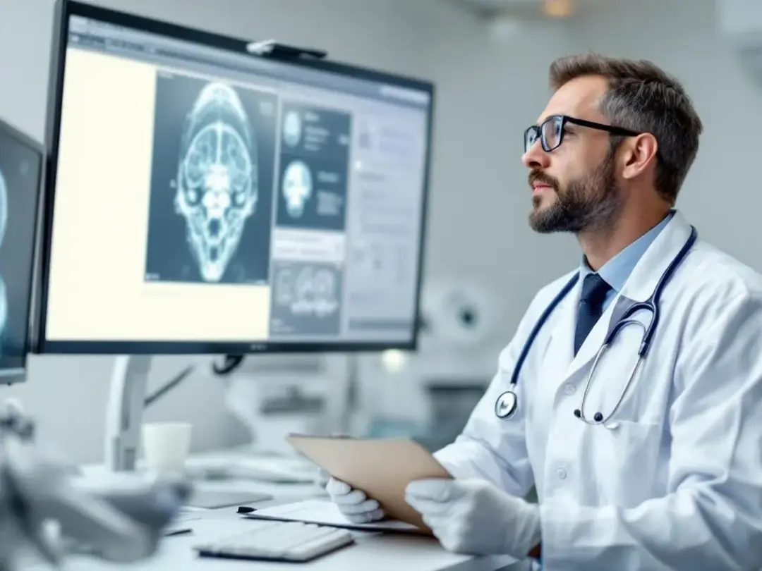 A veterinarian is intently examining a dog's brain scan displayed on a computer screen, assessing for signs of abnormal...