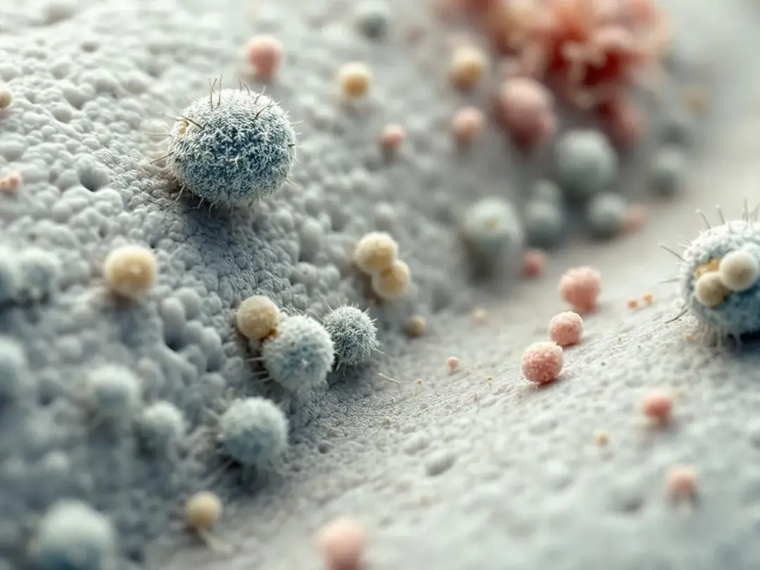 An artistic microscopic representation showcases various fungal organisms and bacteria on inflamed dog skin tissue...