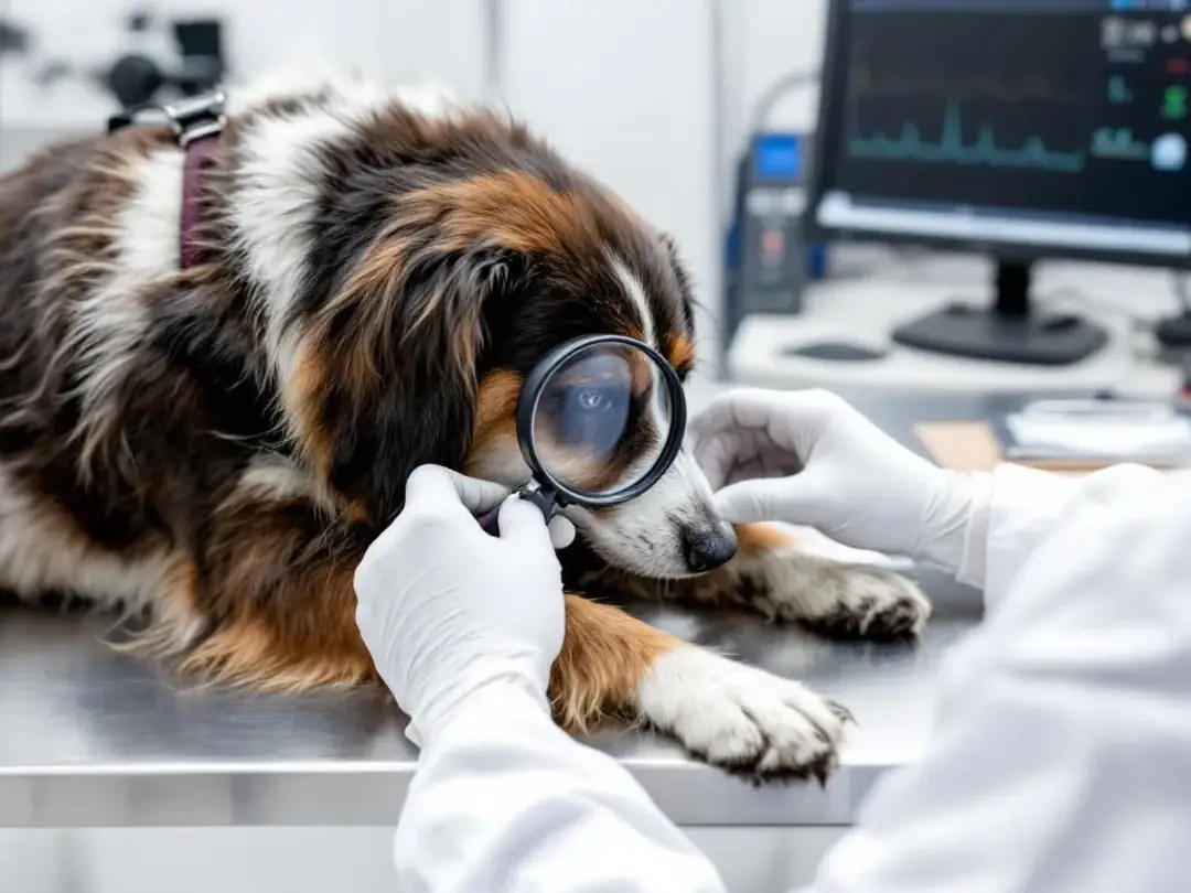 A veterinarian is closely examining a dog's inflamed skin using magnifying equipment in a clinical setting, focusing on...