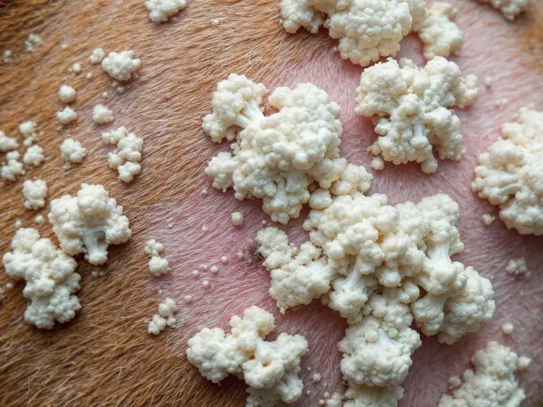 A close-up view of cauliflower-textured wart growths on a dog's skin, illustrating the appearance of viral papillomas...