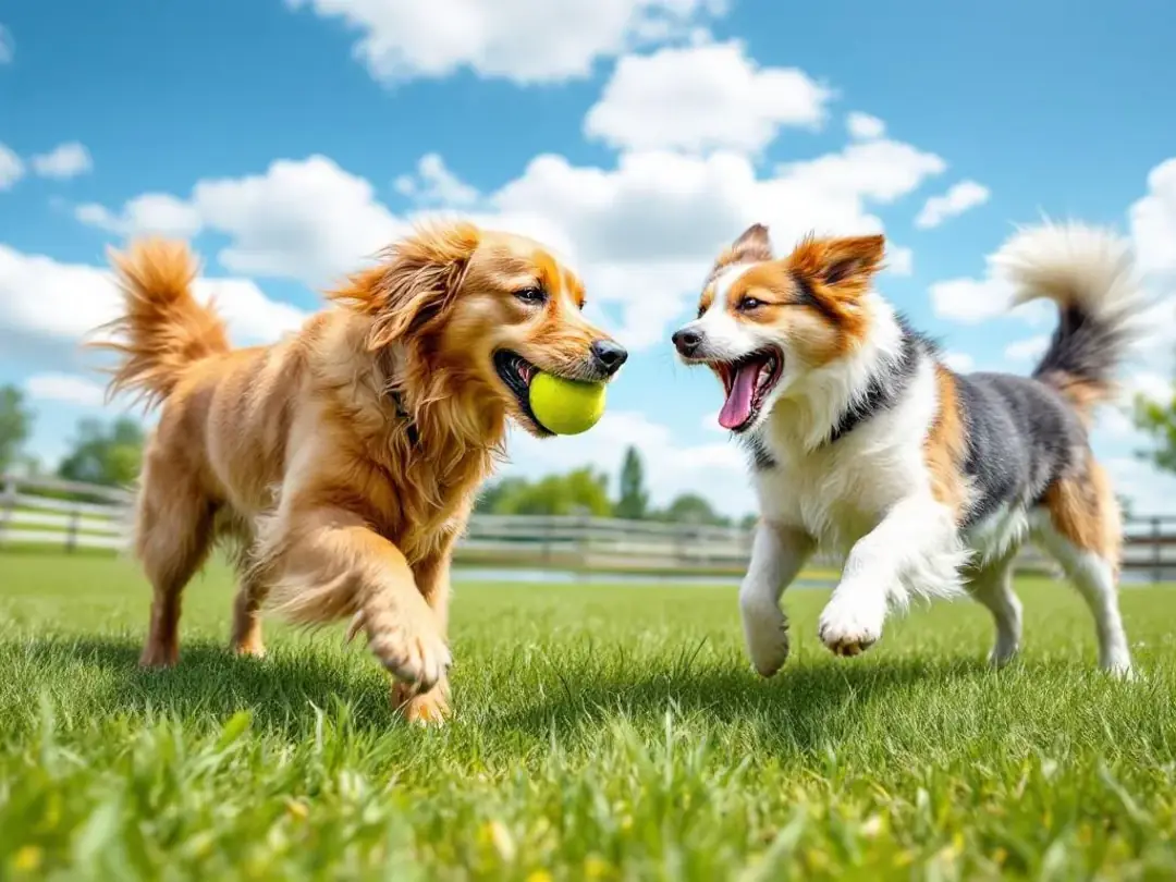 In a lively dog park, two young dogs are playfully interacting, showcasing their healthy skin and vibrant energy as...