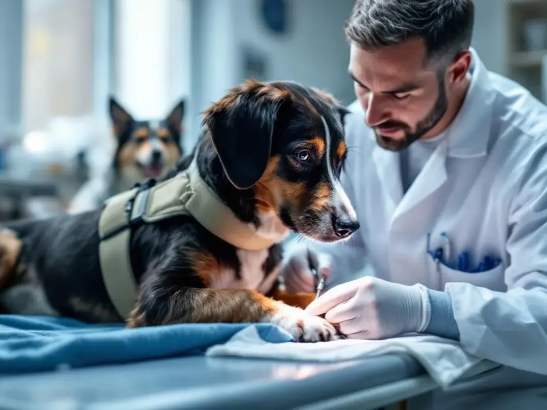 A veterinary surgeon is performing a minor procedure on a dog, focusing on the surgical removal of visible warts caused...
