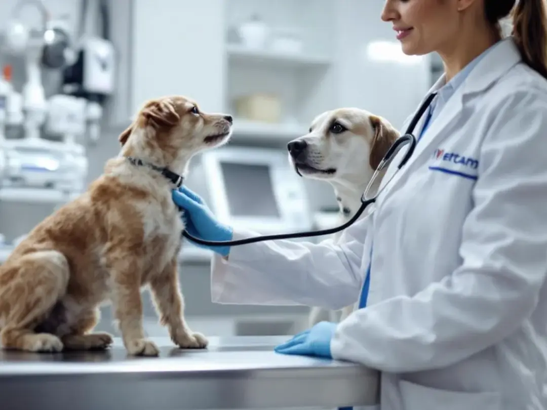 A veterinarian is carefully examining a dog during a routine checkup, ensuring the pet's health and well-being while...