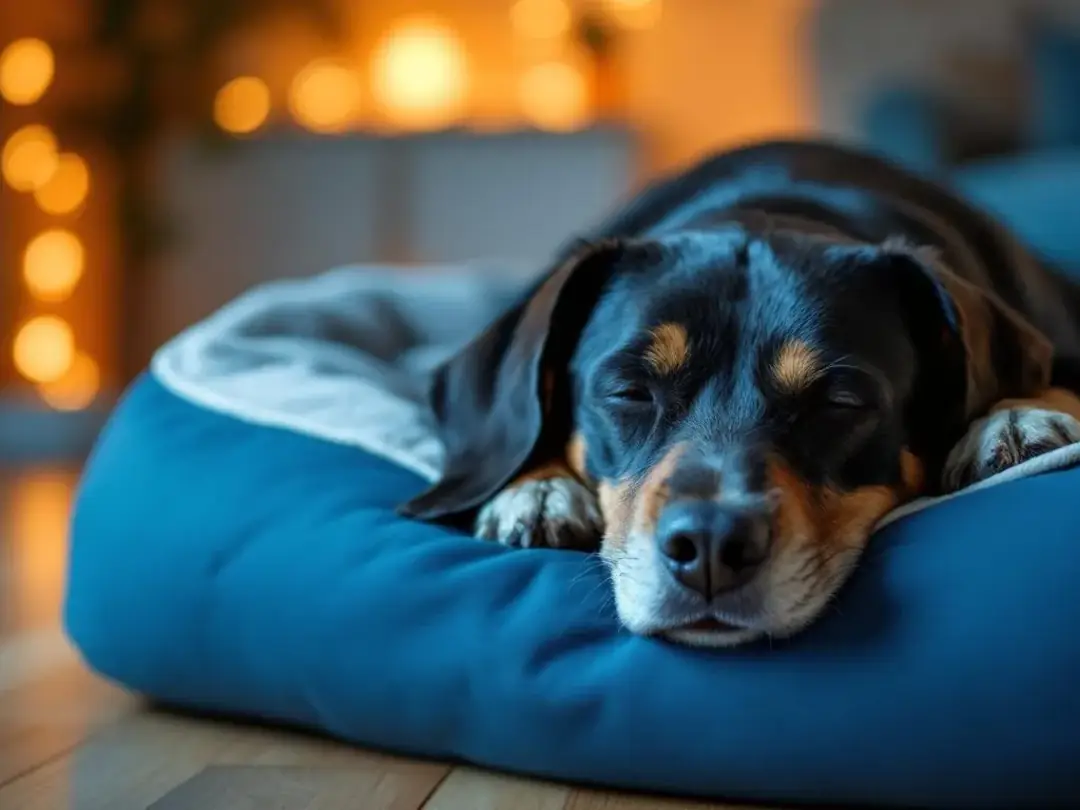 A lethargic dog is lying comfortably on a soft bed, displaying signs of acute nausea and possible motion sickness. Its...
