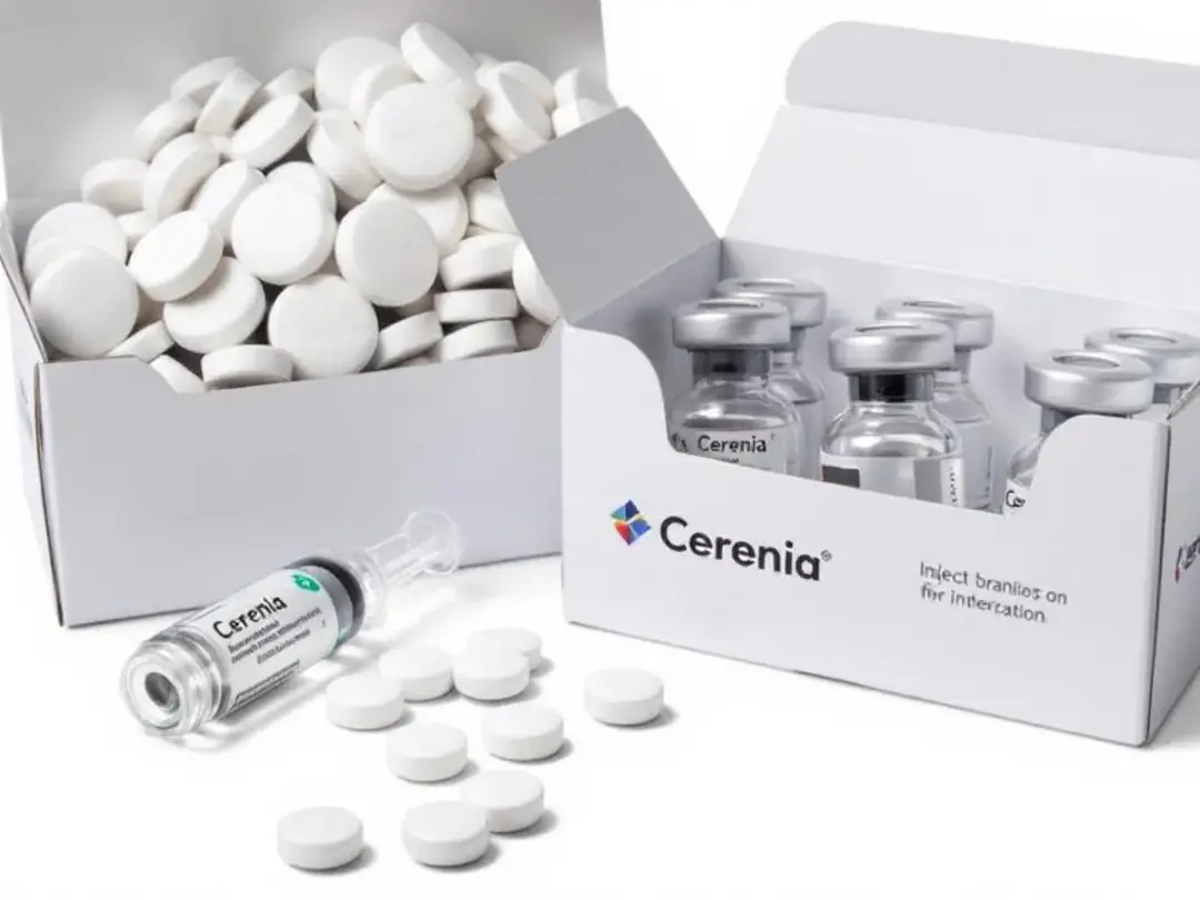 The image displays various forms of Cerenia medication, including tablets in blister packs and injection vials, which...