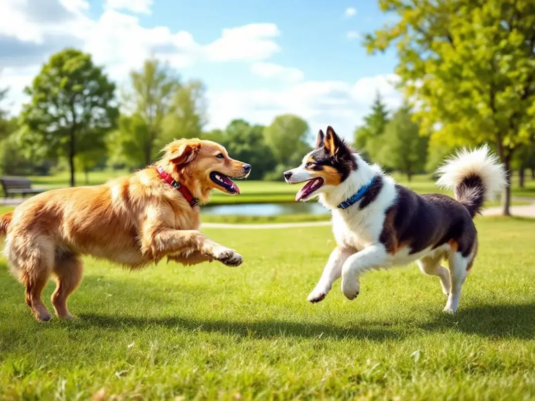 A lively scene at a dog park shows several dogs of various breeds playing together, with some small breed dogs...