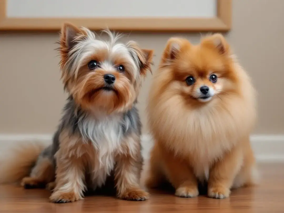 A Yorkshire Terrier and a Pomeranian are sitting closely together, showcasing their small size and fluffy coats. Both...