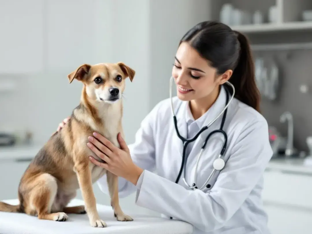 A veterinarian is performing a physical examination on a small dog using a stethoscope, possibly assessing for...
