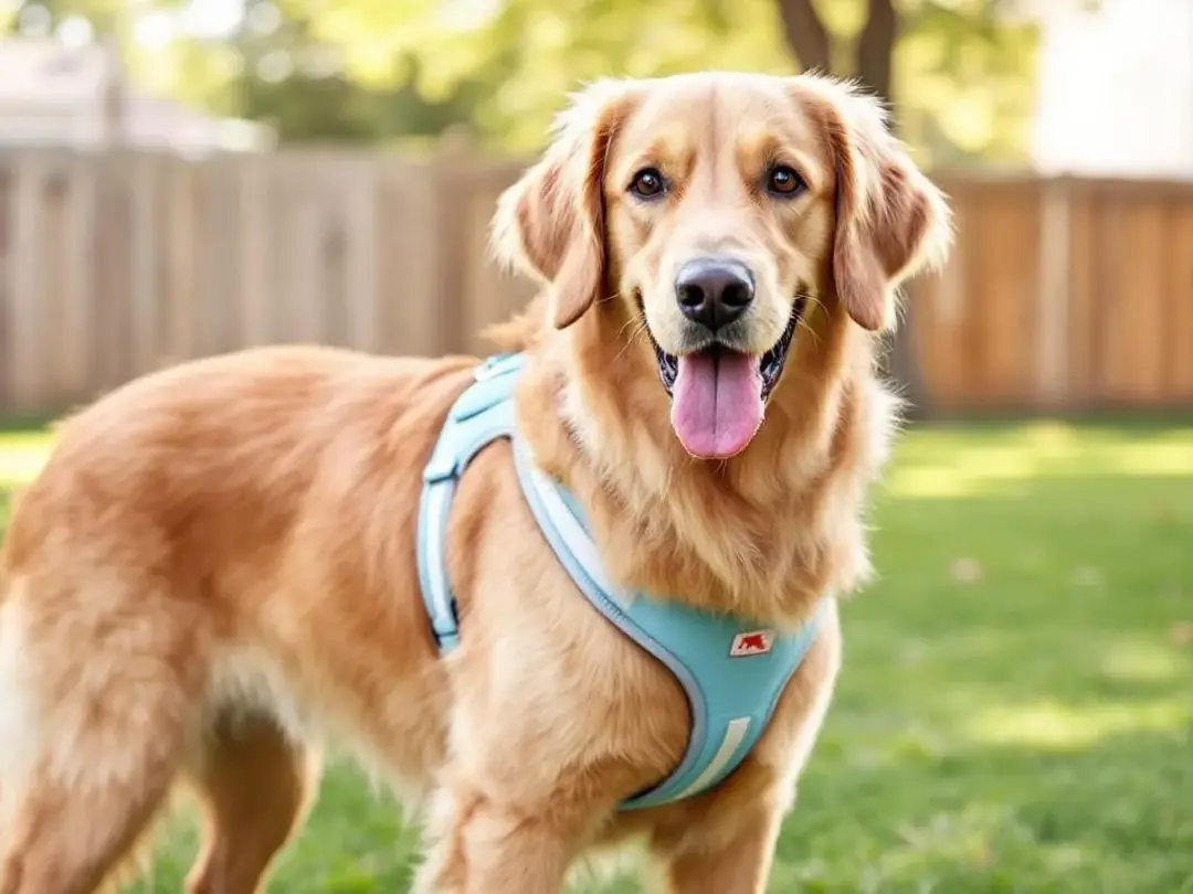 The image shows a dog comfortably wearing a harness instead of a traditional collar, highlighting a safer option for...