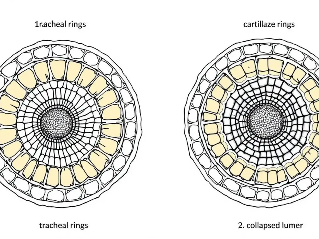 An illustration comparing normal tracheal rings, which are C-shaped cartilage structures, to collapsed cartilage rings...