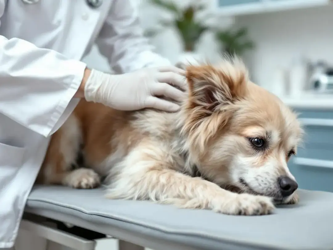A veterinarian is gently examining the neck area of a small breed dog, looking for signs of tracheal collapse, which...