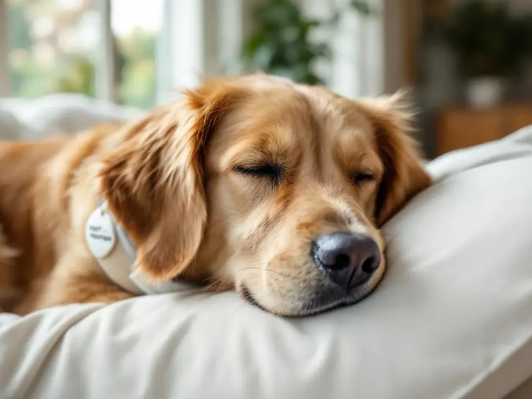 A peaceful dog is resting comfortably after successful treatment for tracheal collapse, showcasing the positive effects...
