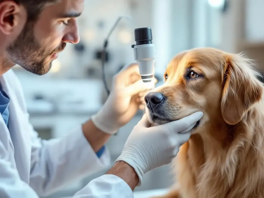 A veterinarian is gently examining a golden retriever's eye with an ophthalmoscope, checking for signs of conditions...