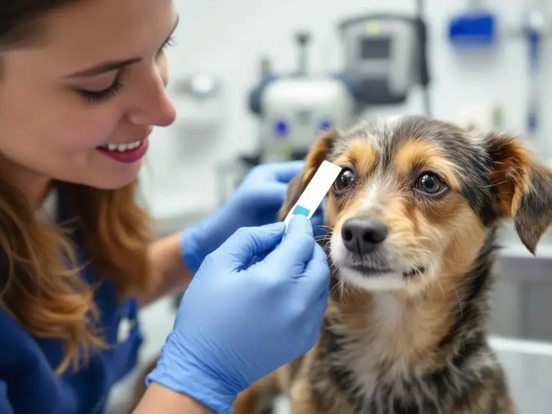A veterinary technician is conducting a Schirmer tear test on a small terrier mix to assess tear production in the...