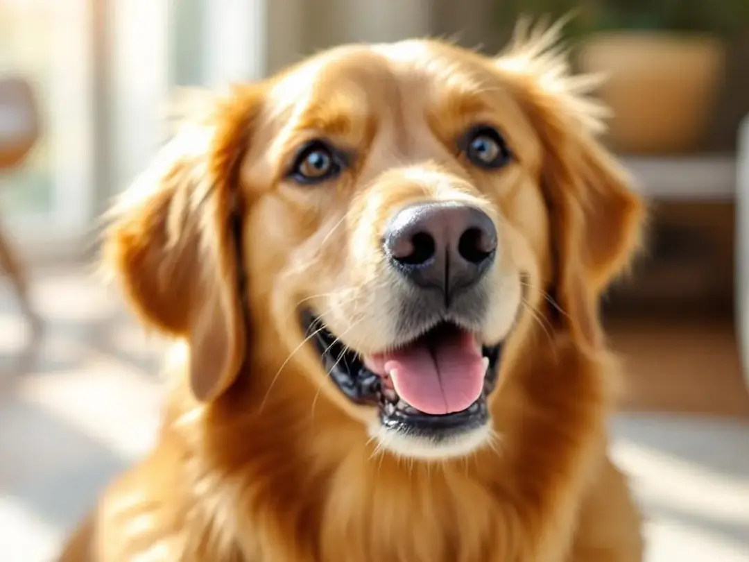A joyful golden retriever sits with bright, clear eyes, showcasing its recovery from conjunctivitis after effective...