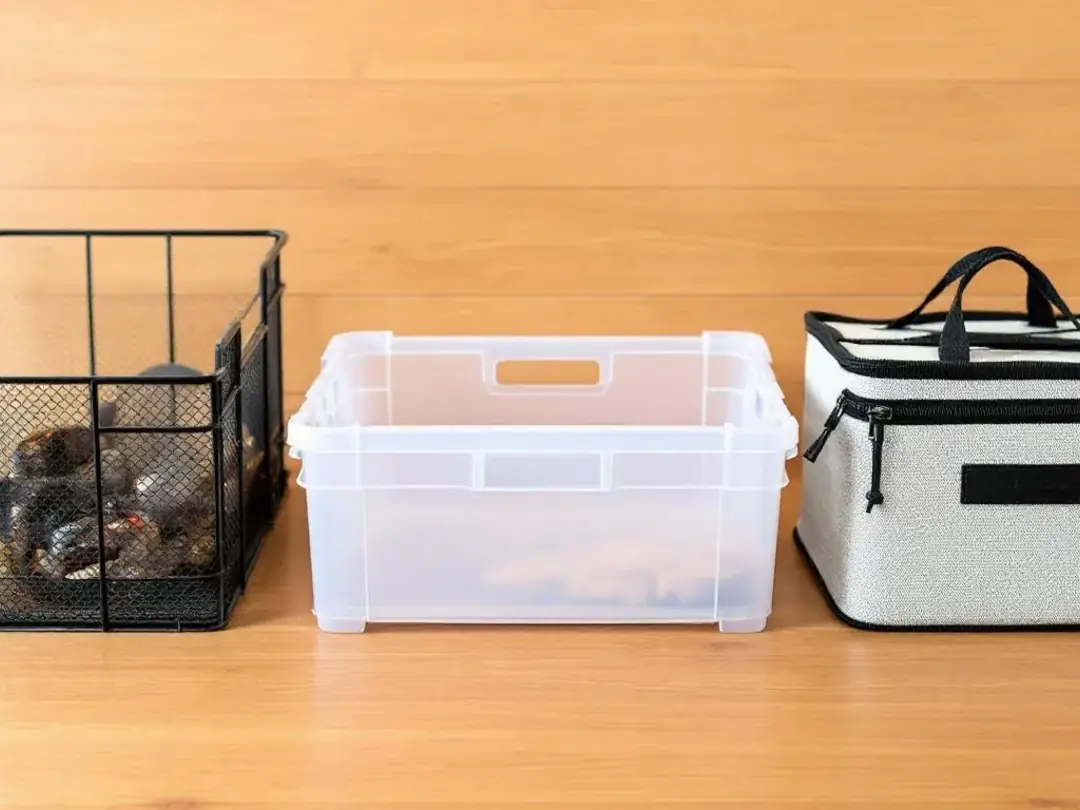 The image shows a comparison of three different types of dog crates: wire, plastic, and fabric, arranged side by side...