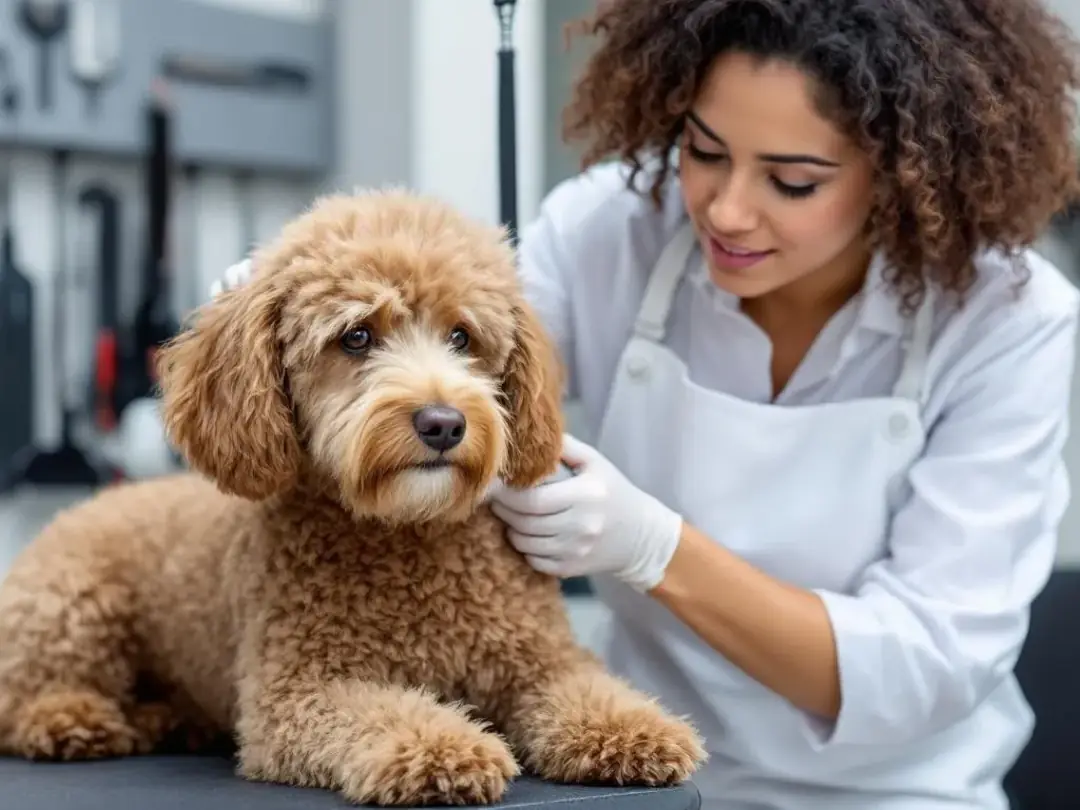A professional groomer is carefully working on a curly-haired dog, using specialized tools like a slicker brush and...
