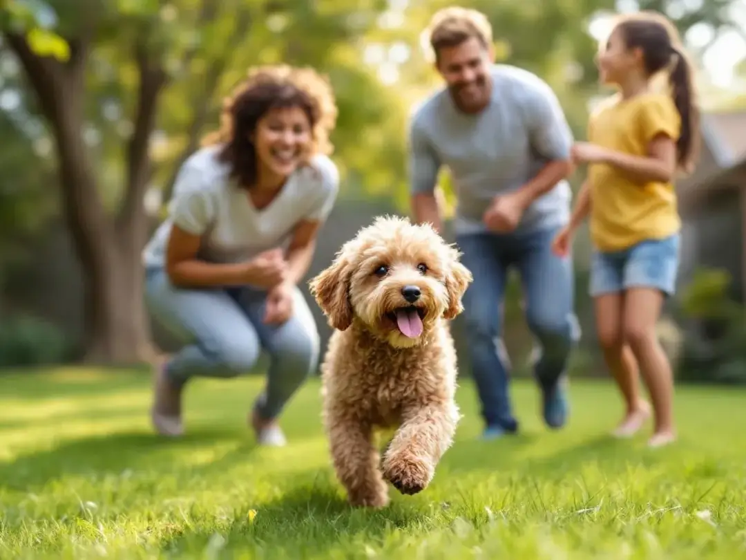 A happy family is playing with their curly-haired dog in a sunny backyard, surrounded by green grass and colorful...