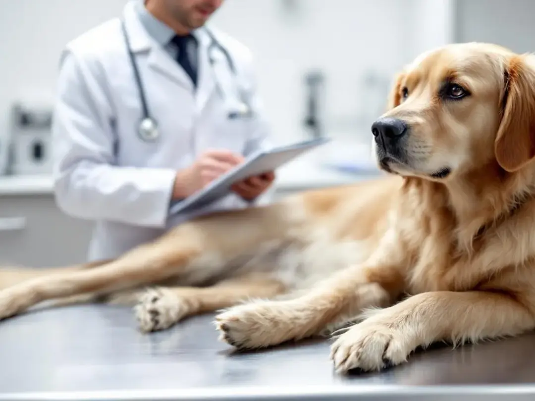 A veterinarian is carefully examining a senior dog that shows common signs of Cushing's disease, such as increased...