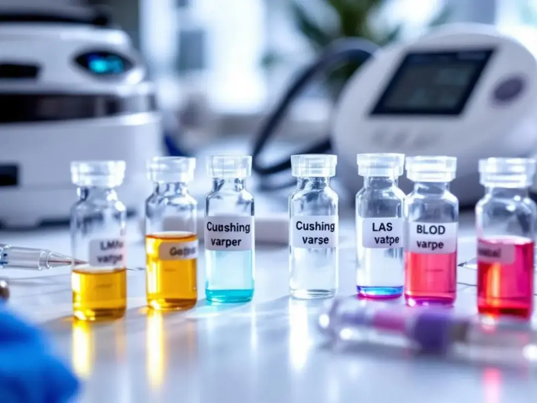 The image shows a close-up of various blood test vials alongside laboratory equipment used for diagnosing Cushing's...